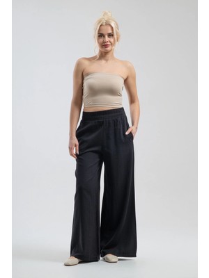 Bold & Young Kadın Siyah Beli Lastikli Bol Paça Comfort Pantolon