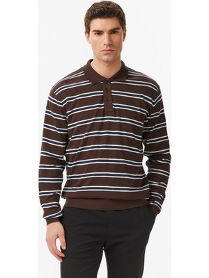 Nautica Erkek Kahverengi Regular Fit Uzun Kollu Çizgili Polo Yaka T-Shirt