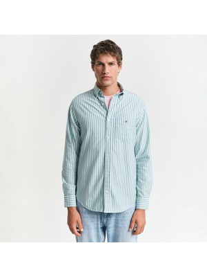 Gant Erkek Yeşil Regular Fit Çizgili Logolu Gömlek