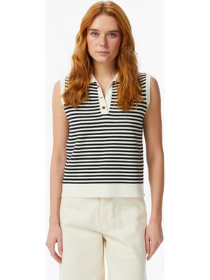 Nautica Kadın Krem Regular Fit Kolsuz Çizgili Polo Yaka T-Shirt