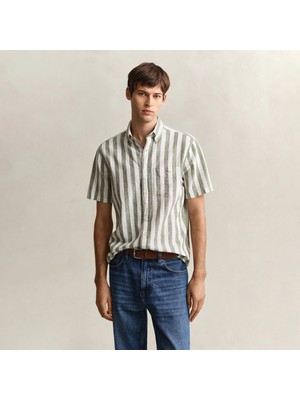 Gant Erkek Yeşil Regular Fit Çizgili Logolu Gömlek