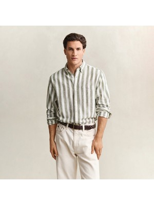 Gant Erkek Yeşil Regular Fit Çizgili Logolu Gömlek