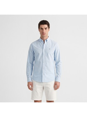 Gant Erkek Mavi Slim Fit Çizgili Logolu Gömlek