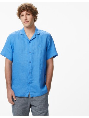 Nautica Erkek Mavi Regular Fit Kısa Kollu Keten Gömlek