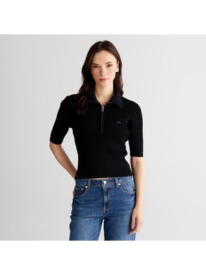 Gant Kadın Siyah Slim Fit Yarım Kollu Triko