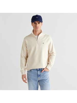 Gant Erkek Bej Relaxed Fit Yarım Fermuarlı Logolu Sweatshirt