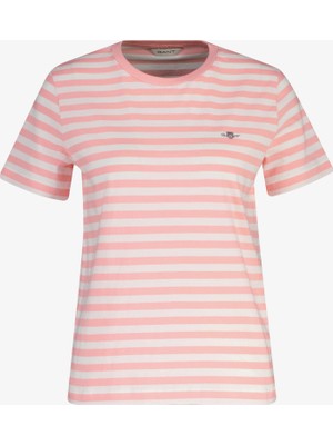 Gant Kadın Pembe Bisiklet Yaka Regular Fit Çizgili T-Shirt