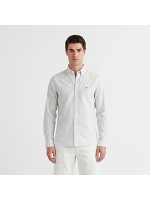 Gant Erkek Beyaz Slim Fit Çizgili Logolu Gömlek