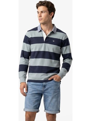 Gant Erkek Yeşil Regular Fit Çizgili Logolu Polo Yaka Rugby T-Shirt