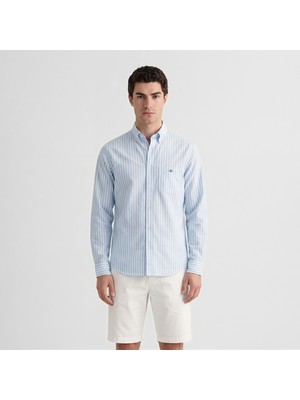 Gant Erkek Mavi Regular Fit Çizgili Logolu Gömlek