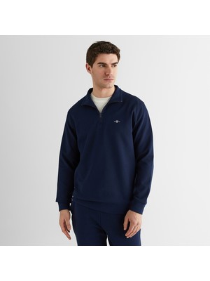 Gant Erkek Lacivert Relaxed Fit Yarım Fermuarlı Logolu Sweatshirt