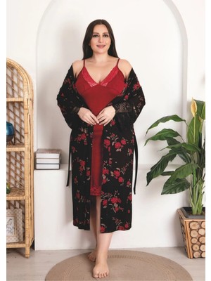 Yare Lady Gül Desenli Viskon Kumaş 2li Lüks Gecelik Sabahlık Takımı 19226