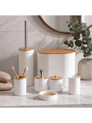Porsima 4531 8 Parça Banyo Seti - Bambu Kapaklı Çöp Kovası, Sabunluk, Diş Fırçalığı ve Wc Fırçası Beyaz