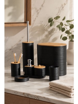 Porsima 4530 8 Parça Banyo Seti - Bambu Kapaklı Çöp Kovası, Sabunluk, Diş Fırçalığı ve Wc Fırçası Siyah