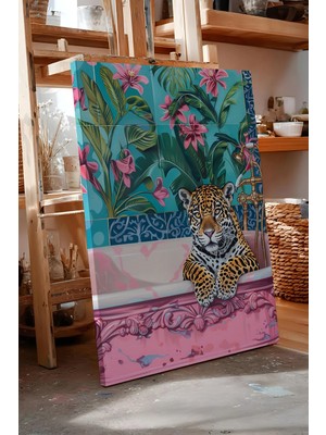 Zestia Kanvas Tablo Leopar, Çiçekli Duvar Kağıdı, Dijital Sanat Premium Seri No 106548