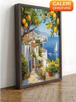 Zestia Kahverengi Çerçeveli Kanvas Tablo Akdeniz Sahili Limon Ağacı ve Deniz Premium Seri No 106060