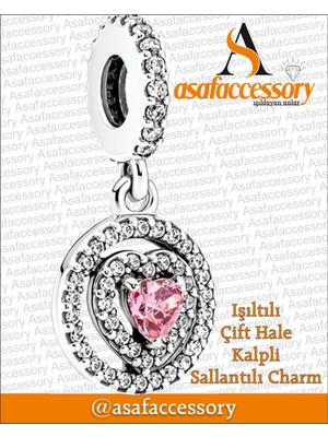 Işıltılı Çift Katlı Hale Kalpli Sallantılı Charm Gümüş