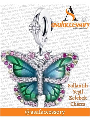 Sallantılı Yeşil Kelebek Charm Asafaccessory Gümüş