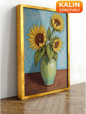Zestia Gold Çerçeveli Kanvas Tablo Van Gogh Tarzı Vazoda Ayçiçekleri Premium Seri No 100195