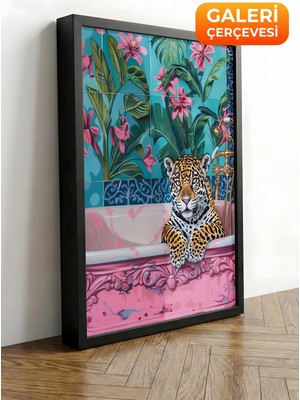 Zestia Siyah Çerçeveli Kanvas Tablo Leopar, Çiçekli Duvar Kağıdı, Dijital Sanat Premium Seri No 106548
