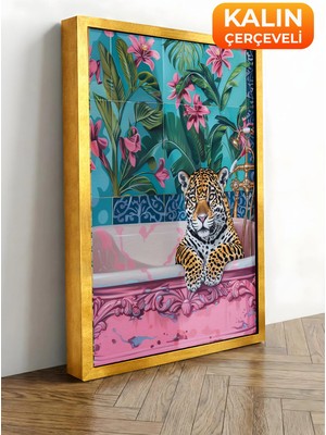 Zestia Gold Çerçeveli Kanvas Tablo Leopar, Çiçekli Duvar Kağıdı, Dijital Sanat Premium Seri No 106548