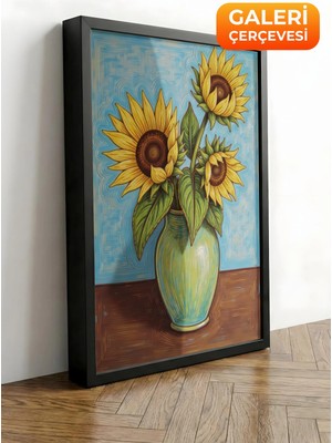 Zestia Siyah Çerçeveli Kanvas Tablo Van Gogh Tarzı Vazoda Ayçiçekleri Premium Seri No 100195