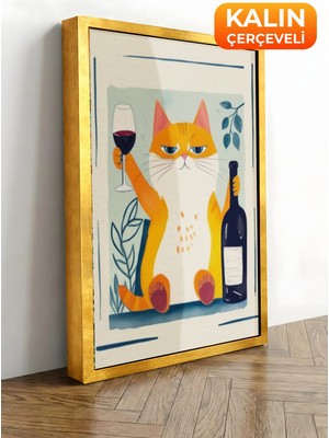 Zestia Gold Çerçeveli Kanvas Tablo Keyifli Kedi Premium Seri No 109367