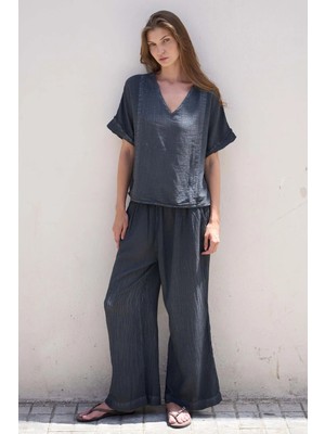 İkikız Pamuklu Lacivert Palazzo Pantolon L-Xl