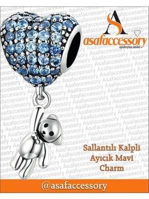 Mavi Taşlı Balon Charm Ayıcık Sallantılı Gümüş Kaplama