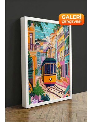 Zestia Beyaz Çerçeveli Kanvas Tablo Sarı Tramvay Sokakları - Şehir Manzarası Premium Seri No 105992