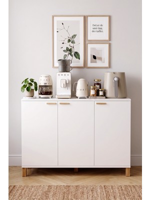 Robin Home Porto Ahşap Ayaklı 3 Kapaklı Çok Amaçlı Dolap Mutfak Konsolu Airfryer ve Kahve Köşesi Dolabı Beyaz
