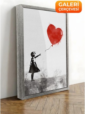 Zestia Gümüş Çerçeveli Kanvas Tablo Banksy Tarzı Kırmızı Balonlu Kız Premium Seri No 106452