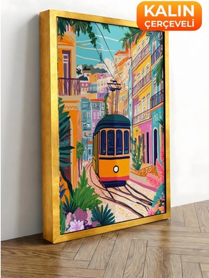 Zestia Gold Çerçeveli Kanvas Tablo Sarı Tramvay Sokakları - Şehir Manzarası Premium Seri No 105992