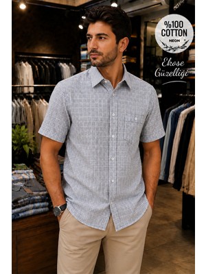 Beyome Erkek %100 Pamuk Kısa Kollu Ekose Gömlek Regular Fit Yazlık Nefes Alan S-5xl