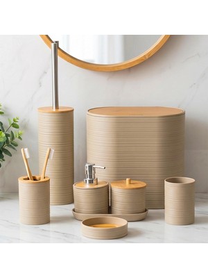 Porsima 4533 8 Parça Banyo Seti - Bambu Kapaklı Çöp Kovası, Sabunluk, Diş Fırçalığı ve Wc Fırçası Kapicino