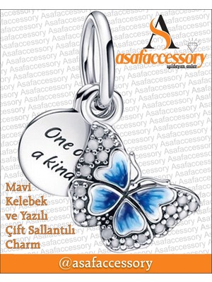 Sallantılı Yazılı Kelebek Charm Asafaccessory Mavi