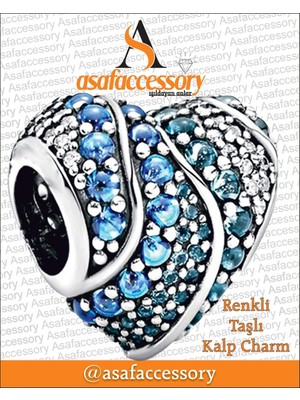 Renkli Taşlı Kalp Charm Gümüş