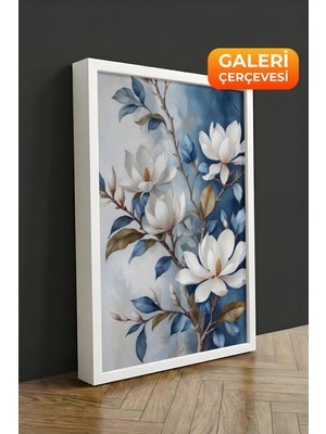 Zestia Beyaz Çerçeveli Kanvas Tablo Beyaz Manolya Dalları Premium Seri No 102597