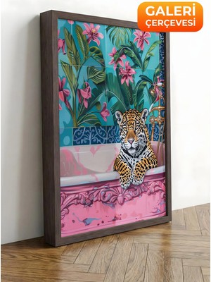 Zestia Kahverengi Çerçeveli Kanvas Tablo Leopar, Çiçekli Duvar Kağıdı, Dijital Sanat Premium Seri No 106548