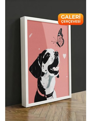 Zestia Beyaz Çerçeveli Kanvas Tablo Köpek ve Kelebek Premium Seri No 112218