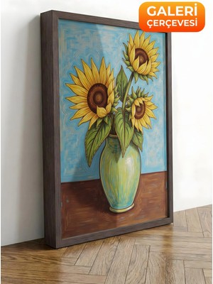 Zestia Kahverengi Çerçeveli Kanvas Tablo Van Gogh Tarzı Vazoda Ayçiçekleri Premium Seri No 100195