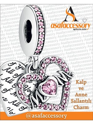 Pembe Taşlı Yazılı Mom Charm Gümüş Kaplama