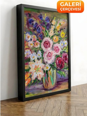 Zestia Siyah Çerçeveli Kanvas Tablo Pastel Vazo Içinde Çiçekler Premium Seri No 113520