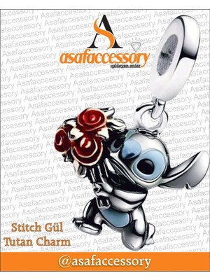 Stitch Gül Tutan Charm Gümüş