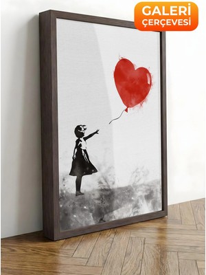 Zestia Kahverengi Çerçeveli Kanvas Tablo Banksy Tarzı Kırmızı Balonlu Kız Premium Seri No 106452