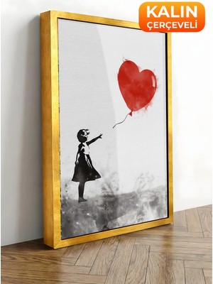 Zestia Gold Çerçeveli Kanvas Tablo Banksy Tarzı Kırmızı Balonlu Kız Premium Seri No 106452
