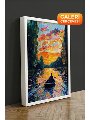 Zestia Beyaz Çerçeveli Kanvas Tablo Kano ve Gün Batımı, Renkli Manzara Premium Seri No 107331
