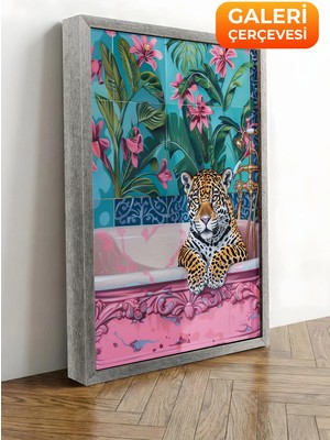Zestia Gümüş Çerçeveli Kanvas Tablo Leopar, Çiçekli Duvar Kağıdı, Dijital Sanat Premium Seri No 106548
