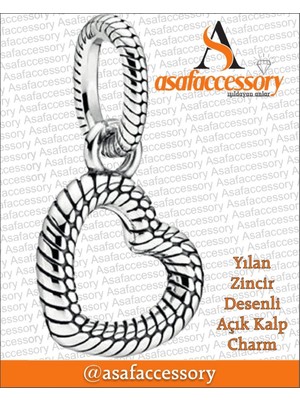 Yılan Zincir Desenli Açık Kalp Charm Gümüş