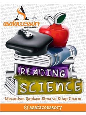 Mezuniyet Kep, Elma ve Kitap Charm Asafaccessory Gümüş